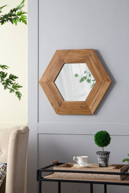 18.5" x 18.5" Hexagon Mirror with Natural Wood Frame, Wall Decor for Living Room Bathroom Hallway,