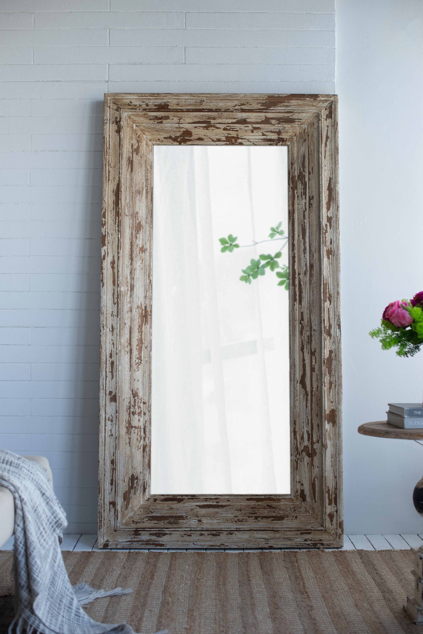 39x3.5x75" Full Length Rectangle Floor Mirror with Distressed Wood Frame