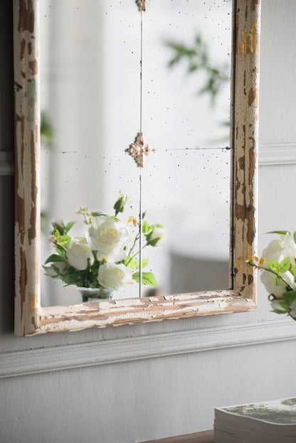 22" x 48" Large Cream & Gold Framed Wall Mirror, Wood Arched Mirror with Decorative Window Look for Living Room, Bathroom, Entryway