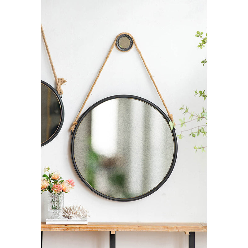 29.5" in On-trend Hanging Round Mirror with Black Framed and with Rope Strap Contemporary Industrial Decor for Bathroom, Bedroom, or Living Space