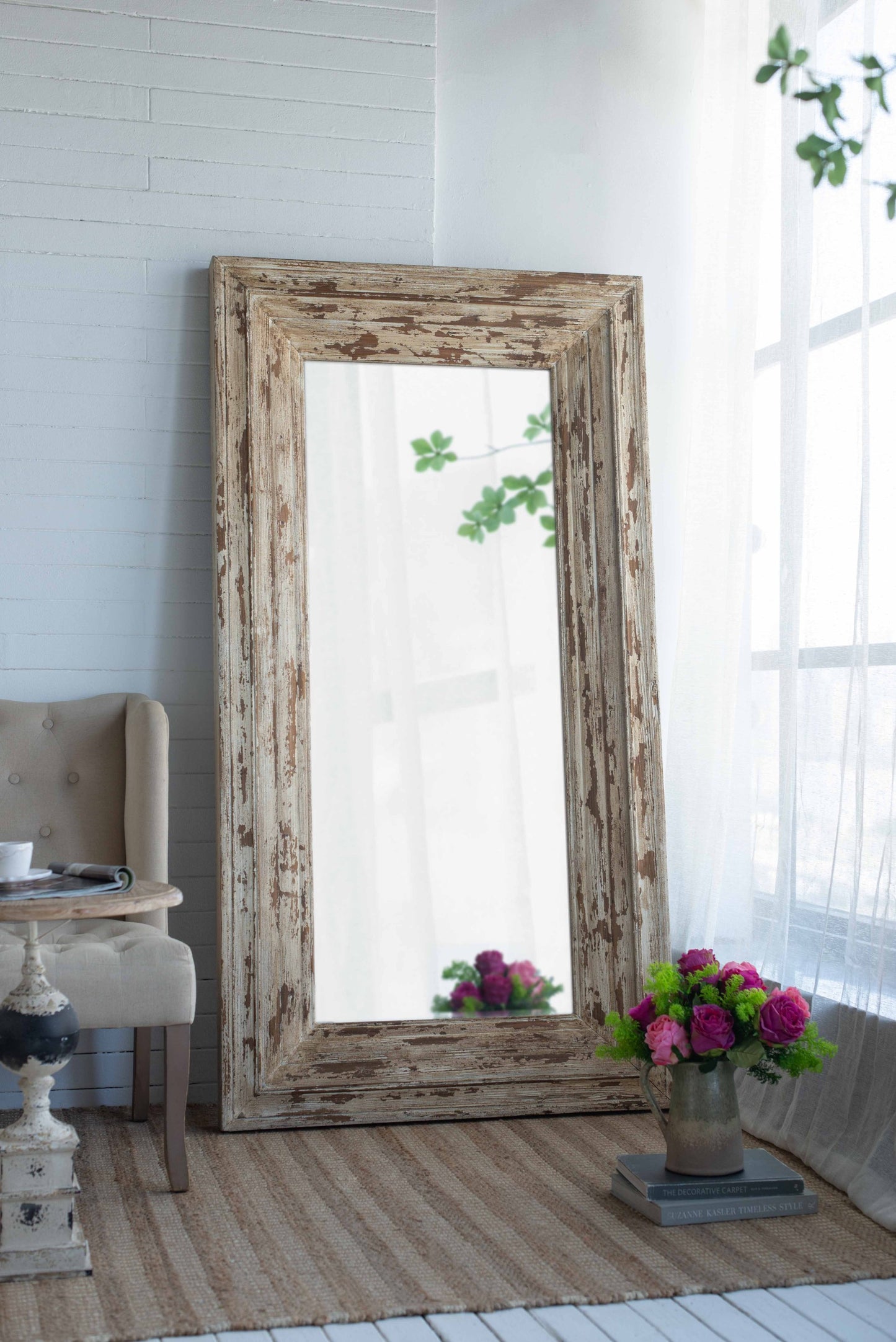 39x3.5x75" Full Length Rectangle Floor Mirror with Distressed Wood Frame