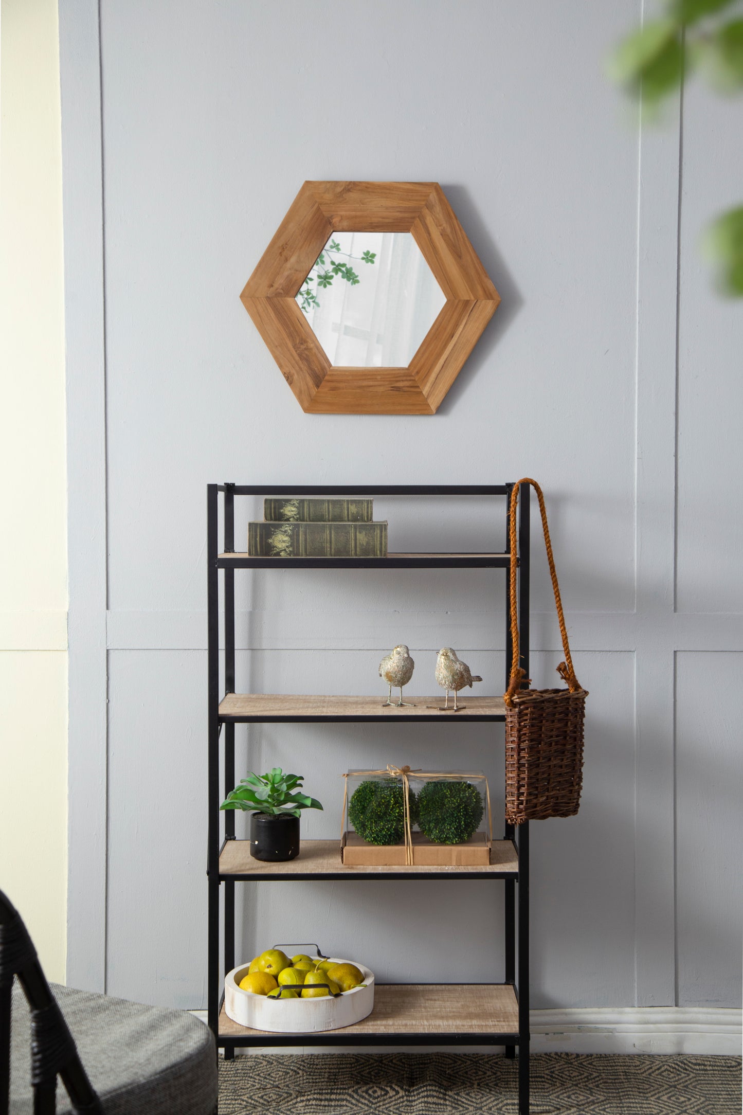 18.5" x 18.5" Hexagon Mirror with Natural Wood Frame, Wall Decor for Living Room Bathroom Hallway,