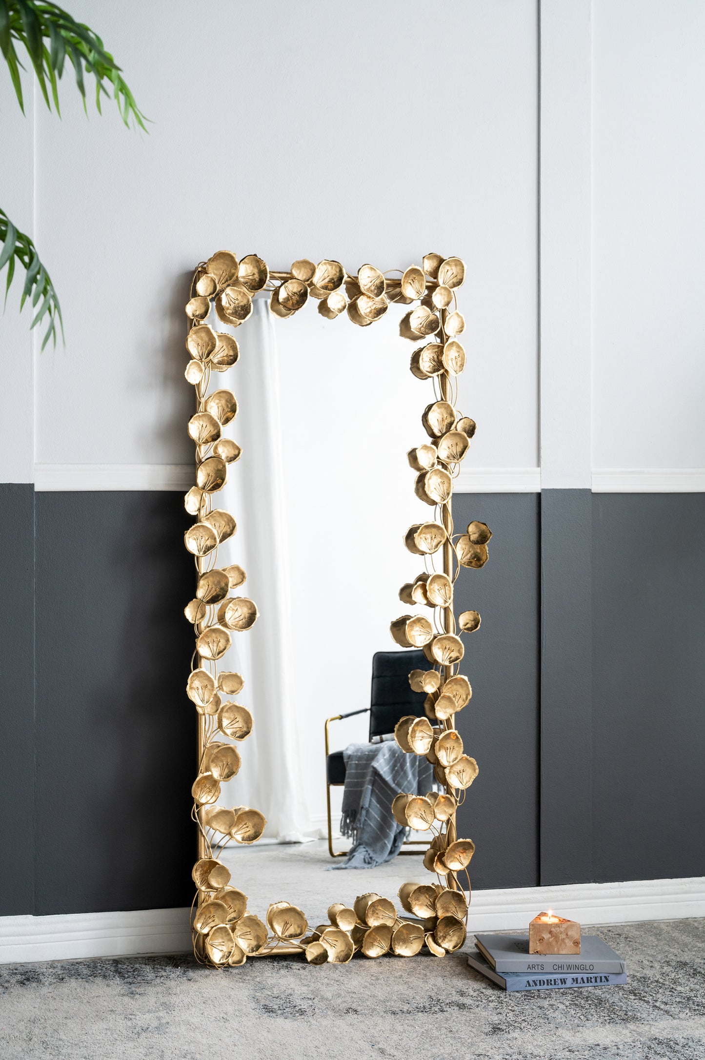 61" x 31" Full Length Mirror with Golden Leaf Accents, Floor Miiror for Living Room Bedroom