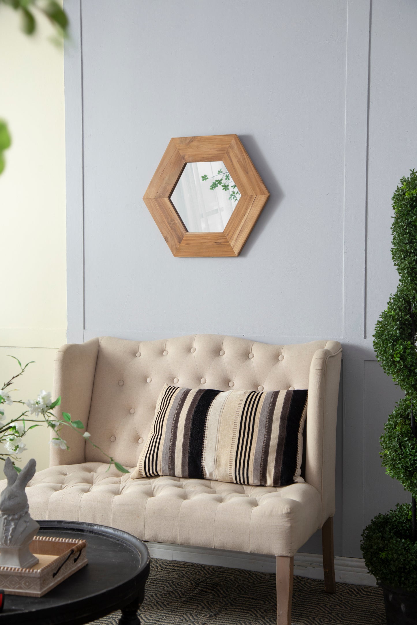 18.5" x 18.5" Hexagon Mirror with Natural Wood Frame, Wall Decor for Living Room Bathroom Hallway,