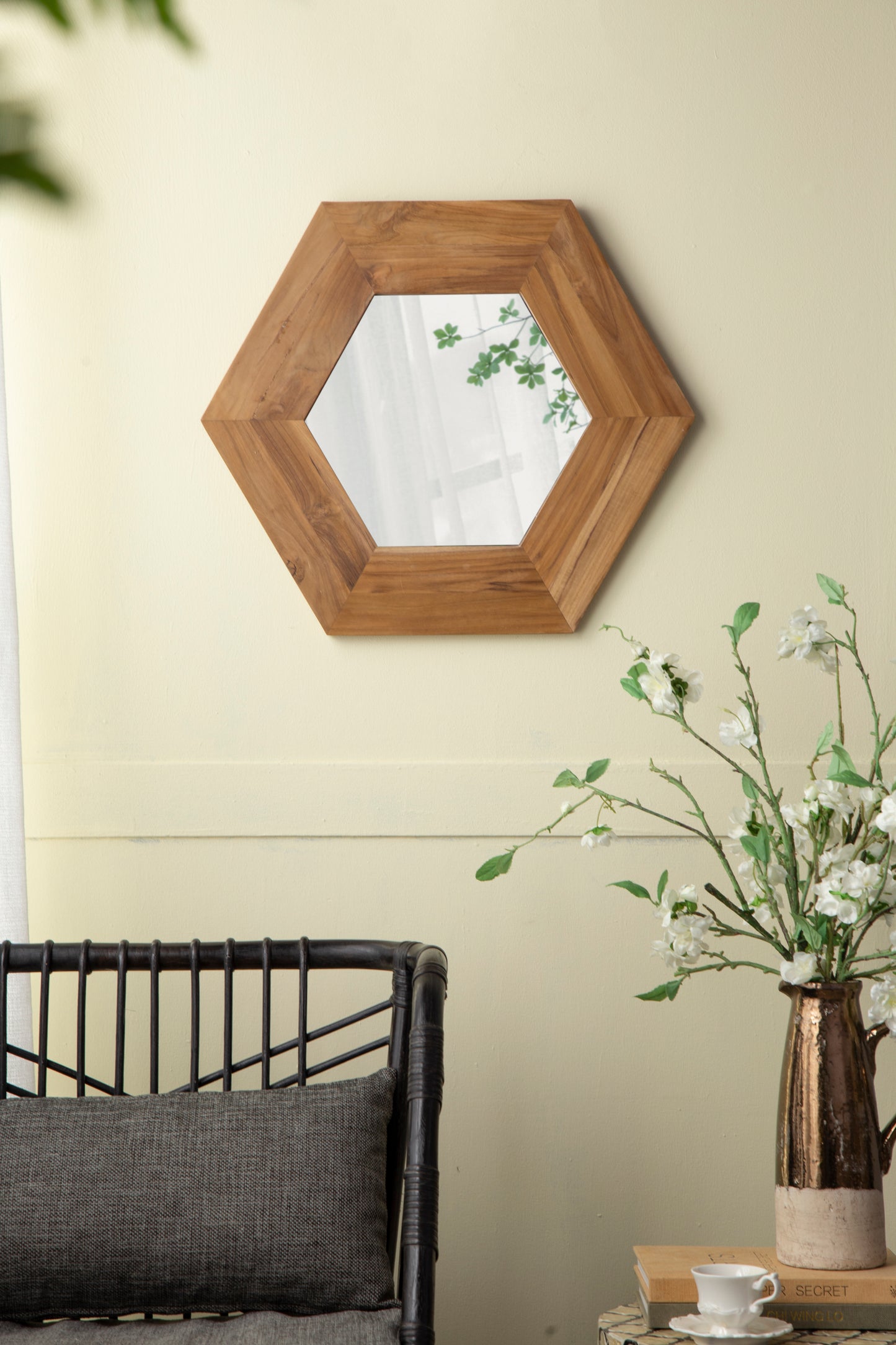 18.5" x 18.5" Hexagon Mirror with Natural Wood Frame, Wall Decor for Living Room Bathroom Hallway,