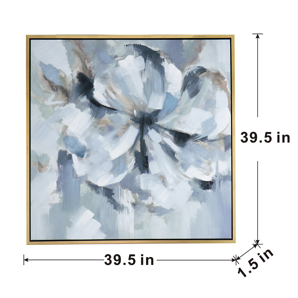 39.5" x 39.5" Large Modern Flower Oil Painting, Square Gold Frame Wall Art