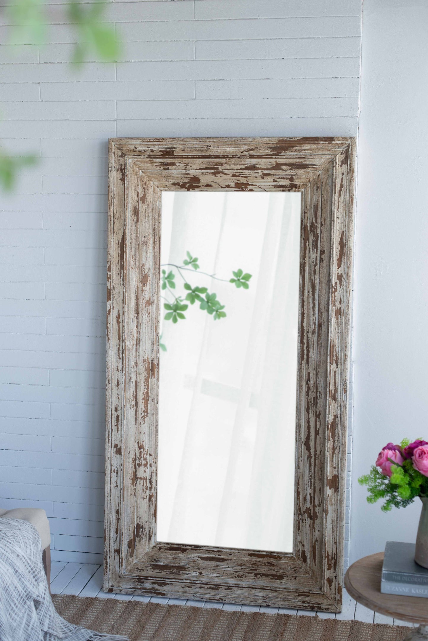 39x3.5x75" Full Length Rectangle Floor Mirror with Distressed Wood Frame